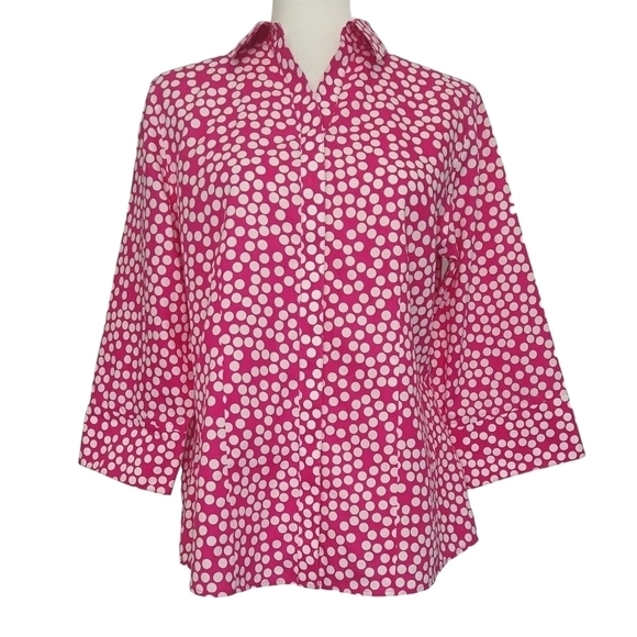 Chico's 100% Cotton No-Iron Pink White Polka Dot Button-Up Shirt Barbiecore - Picture 1 of 7